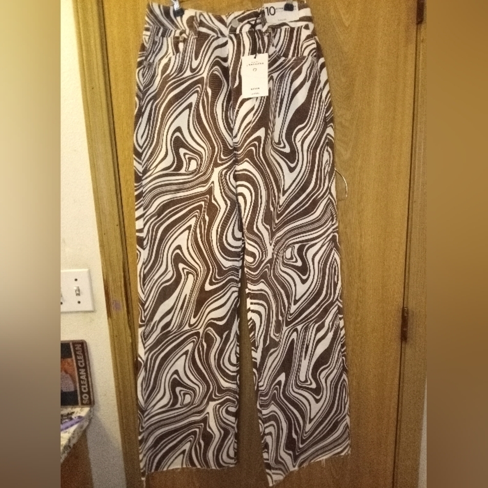 Vintage Glassons Swirl Print Brown Cream Wide Leg Denim NWT Women's 10